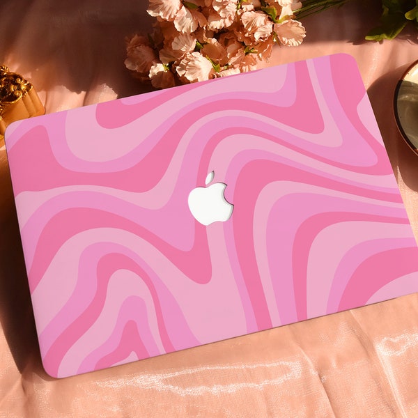 Étui de protection rigide rose psychédélique à rayures artistiques et vagues pour MacBook Air/Pro 13 14 15 16 pouces 2022 M2 13,6 A2681