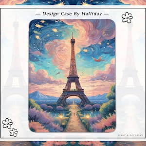 May include: A colorful painting of the Eiffel Tower in Paris, France. The sky is a vibrant blue with pink and orange clouds. The tower is surrounded by trees and flowers. The text "Design Case By Halliday" is at the top of the image. The text "HAVE A NICE DAY." is at the bottom of the image.