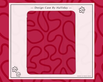 May include: A red phone case with a white border and a design of white squiggly lines on a red background. The text "Design Case By Halliday" is at the top of the case. The text "Have a nice day." is at the bottom of the case.