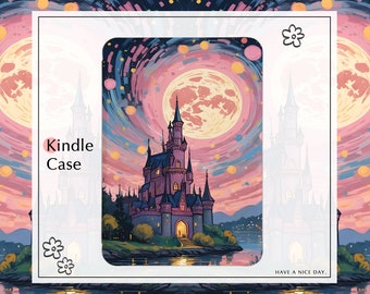 May include: A pink and blue Kindle case with a whimsical illustration of a castle under a full moon. The text "Kindle Case" is visible on the left side of the image. The text "HAVE A NICE DAY." is visible at the bottom of the image.