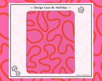 May include: A pink tablet case with a red abstract pattern. The case has a white border and the text "Design Case By Halliday" is printed on the top. The text "HAVE A NICE DAY." is printed on the bottom.
