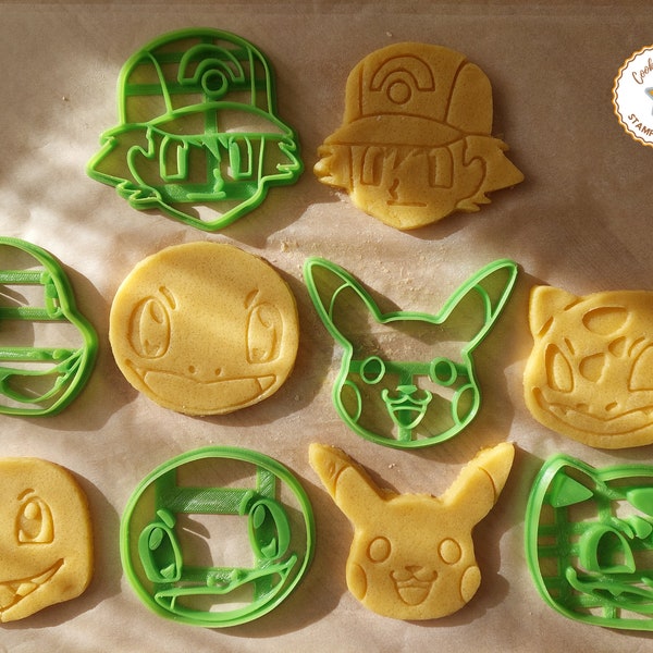 Ensemble d'emporte-pièces Pokemon Head STL, emporte-pièces imprimables en 3D, kit de 5 modèles de biscuits, ustensiles de cuisson, biscuits Pokemon personnalisés