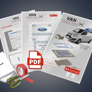May include: A set of printable templates for creating a custom van floor layout. The templates are in PDF format and are designed for use with A4 paper. The image shows a Ford Custom van and the templates include instructions for printing, cutting, and assembling the floor layout.