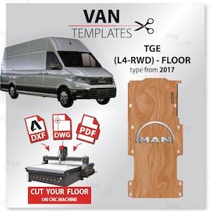 May include: A digital template for a floor panel for a MAN TGE van. The template is available in DXF, DWG, and PDF formats. The image shows a silver van and a wood-grain floor panel with the MAN logo. The text "CUT YOUR FLOOR ON CNC MACHINE" is also visible.