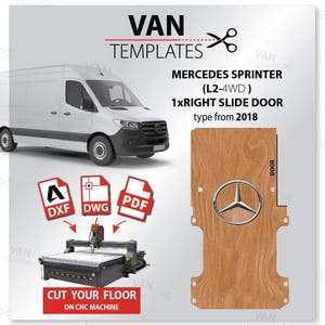 Puede incluir: Una plantilla digital para una puerta corredera de furgoneta Mercedes Sprinter. La plantilla está disponible en formatos DXF, DWG y PDF. La imagen muestra una furgoneta blanca y una plantilla de madera con el logotipo de Mercedes.