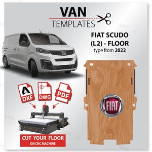 Könnte beinhalten: Ein weißer Fiat Scudo Van mit dem Text "FIAT SCUDO (L2) - FLOOR type from 2022" und einer Holzmaserung-Bodenvorlage mit dem Fiat-Logo.
