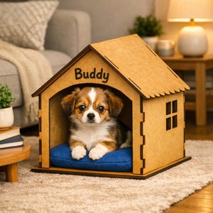 May include: A tan wooden pet house with a peaked roof and a square window cutout. The name Buddy is printed in black letters above the entrance. Inside, a small brown and white puppy rests on a rectangular blue fabric cushion.