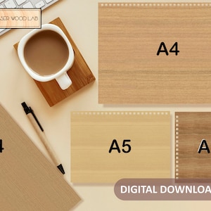 May include: Digital download of wood grain patterns in A4 and A5 sizes. The image shows a light brown wood grain pattern with the text "A4" and a darker brown wood grain pattern with the text "A5".