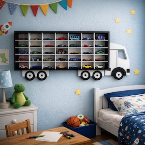 May include: A black and white truck-shaped wall shelf filled with toy cars of various colors. The shelf is mounted on a light blue wall, decorated with star-shaped cutouts and a colorful banner. A child's bedroom setting.