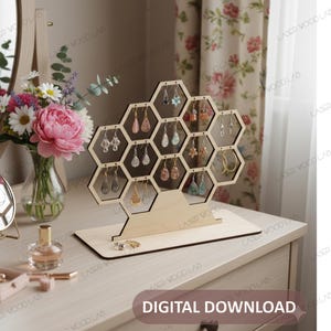 Présentoir pour boucles d'oreilles nid d'abeille - Fichiers numériques découpés au laser pour l'organisation de bijoux | Fichiers SVG, DXF, IA, Cdr, PDF