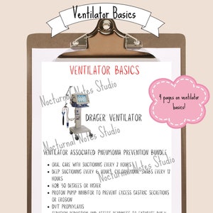 May include: A white sheet of paper with the title "Ventilator Basics" and a diagram of a Drager ventilator. The paper is on a brown clipboard with a metal clip. The text on the paper includes a list of ventilator-associated pneumonia prevention tips. The image also includes a cartoon of two lungs with smiling faces.