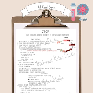 May include: A white and black illustrated diagram on a clipboard explaining the stages of sepsis, a life-threatening condition caused by the body's response to infection. The diagram includes a red blood vessel with white blood cells and bacteria. The diagram also includes a list of symptoms and causes of sepsis.