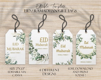 Eid Mubarak Tags - Editable Eid Tags with Greenery Gold Watercolor Illustration - Eid Gift Tag - Modern Eid Labels Instant Download