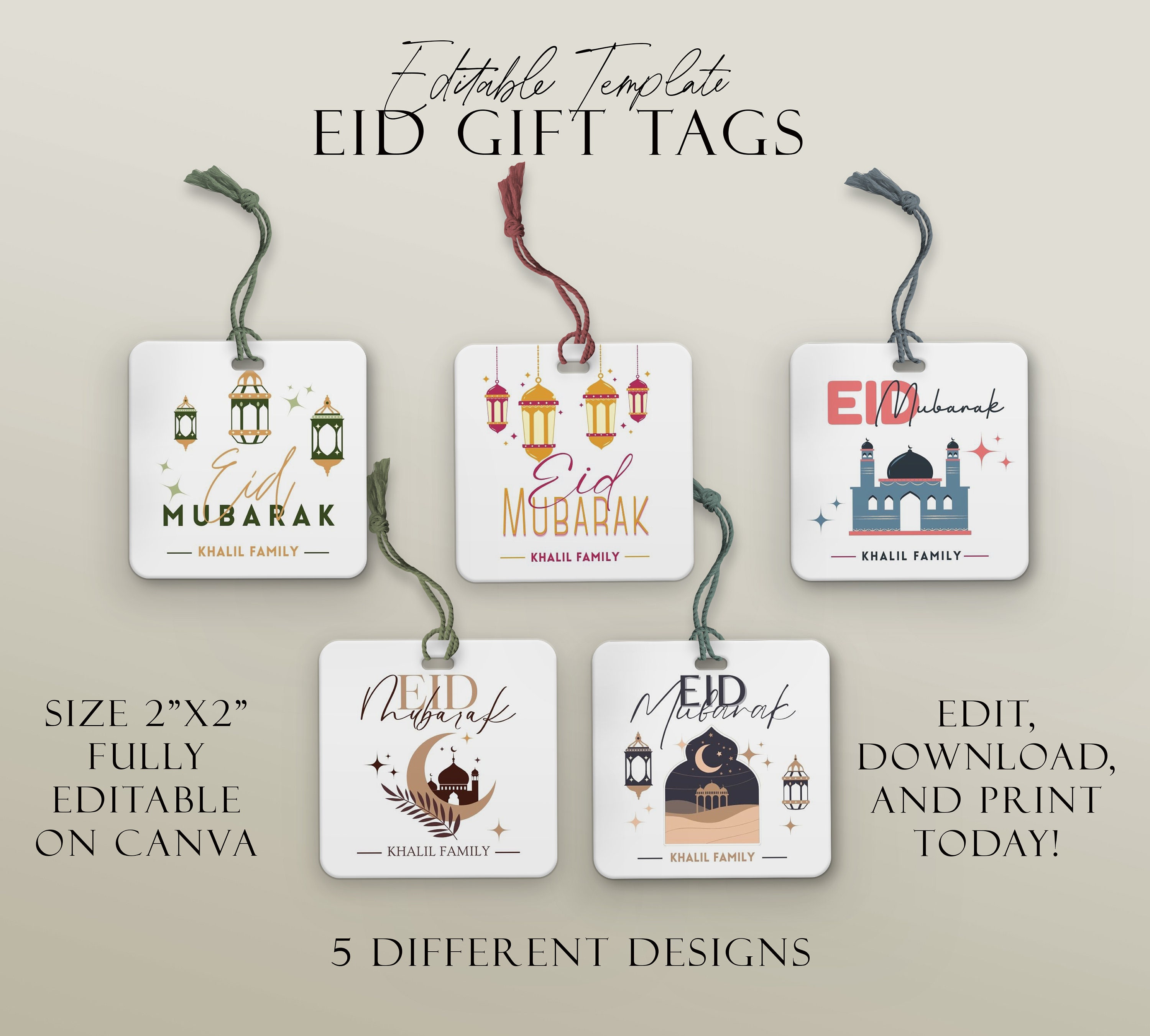 Editable Eid Tags, Modern Eid Mubarak Tags, Instant Download Printable ...