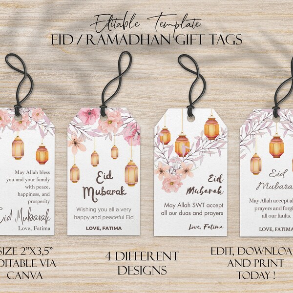 Eid Mubarak Tags - Editable Eid Tags with Floral and Lantern Illustration - Eid Gift Tag with Greetings - Modern Eid Labels Instant Download