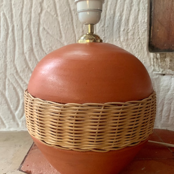 Mid-Century Pottery and Wicker Lamp