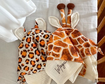 Afrikanskt tryck Baby Lovey, broderad giraff gepard muslin-täcke