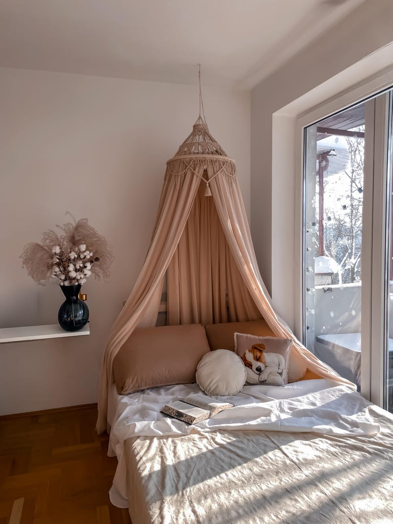 Canopy bed boho curtains. Girl nursery canopy. Macrame twin bed canopy moroccan decor. Crib canopy or house bed canopy image 17