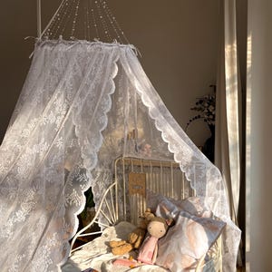 May include: White lace canopy hanging over a white bed frame with a white and pink patterned pillow and two stuffed toys. The bed is decorated with a book and a sign that says "Dreamer".
