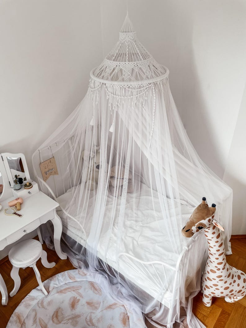 Canopy bed boho curtains. Girl nursery canopy. Macrame twin bed canopy moroccan decor. Crib canopy or house bed canopy image 16