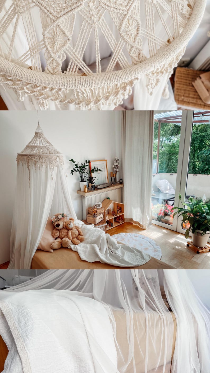 Canopy bed boho curtains. Girl nursery canopy. Macrame twin bed canopy moroccan decor. Crib canopy or house bed canopy image 13