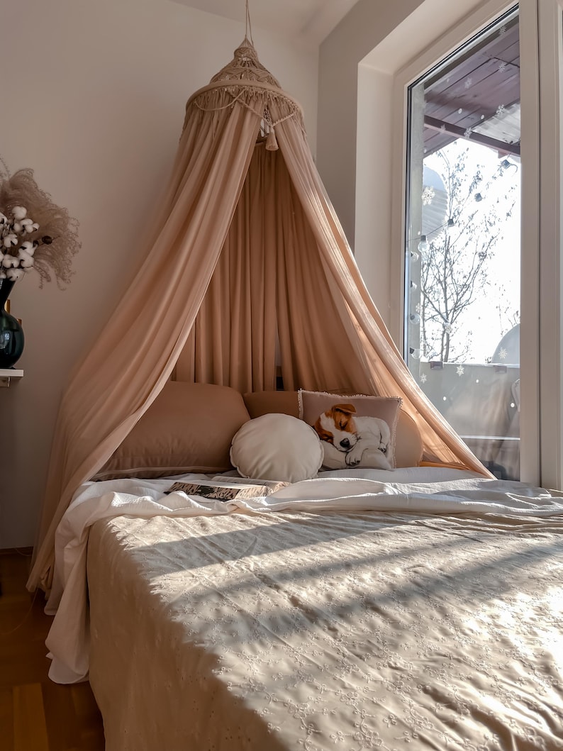 Canopy bed boho curtains. Girl nursery canopy. Macrame twin bed canopy moroccan decor. Crib canopy or house bed canopy image 8
