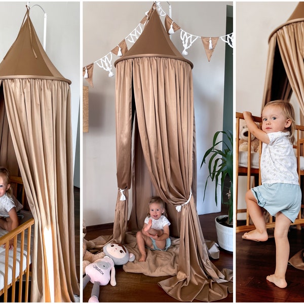 Bed canopy headboard, reading nook or playroom decor Canopy bed curtains scandinavian nursery book nook toddler room decor