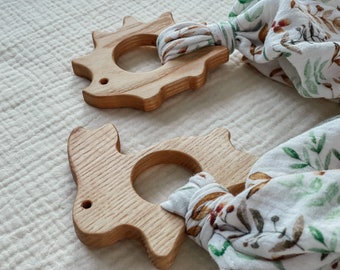 Personalized baby teething toys with cloth napkins. Bunny toy for baptism gift girl or  baby gift boy. Wooden baby sensory toys.