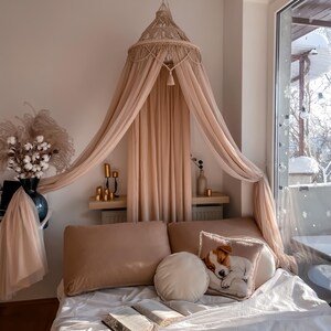 Canopy bed boho curtains. Girl nursery canopy. Macrame twin bed canopy moroccan decor. Crib canopy or house bed canopy image 7