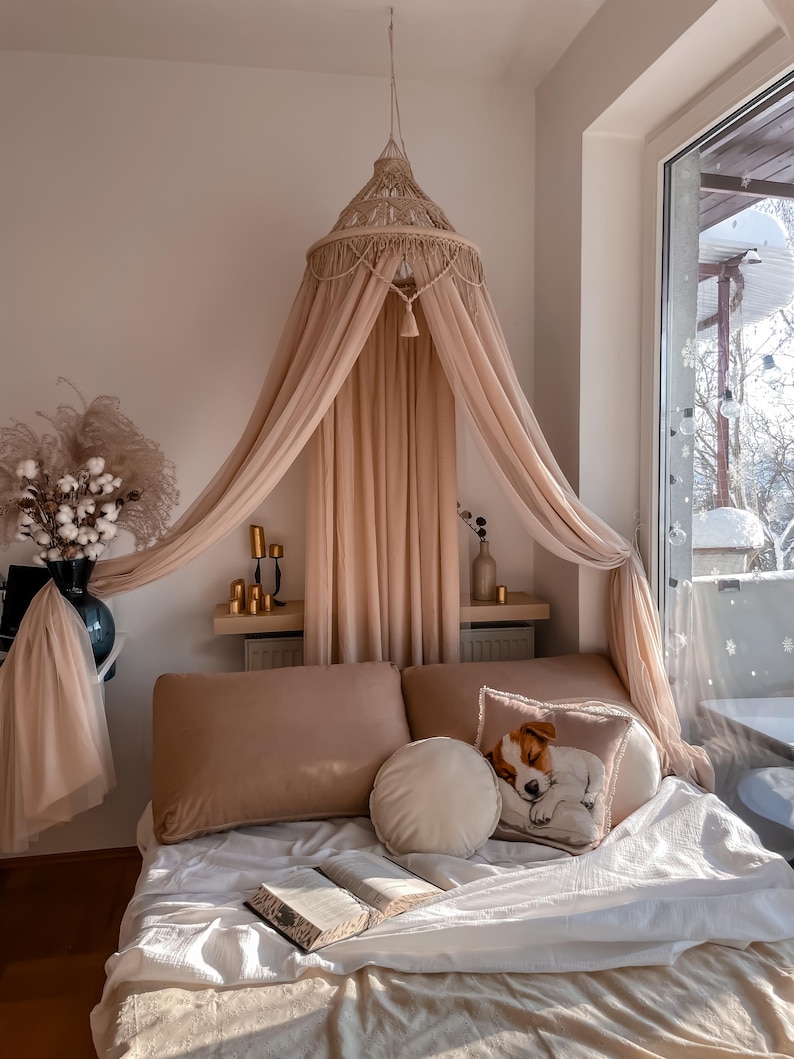 Canopy bed boho curtains. Girl nursery canopy. Macrame twin bed canopy moroccan decor. Crib canopy or house bed canopy image 7