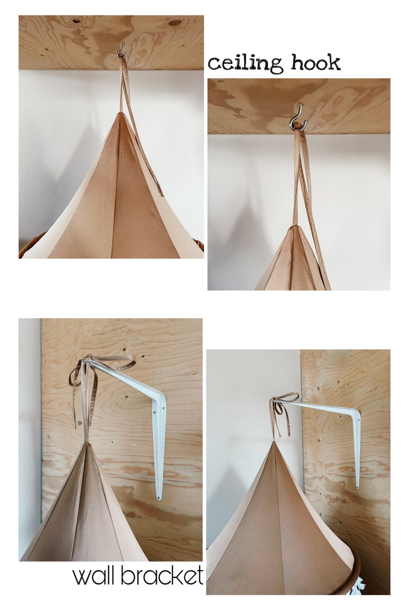 May include: Two methods for hanging a tent-like structure. The first image shows a ceiling hook with a brown strap attached to it. The second image shows a white wall bracket with a brown strap attached to it. Both images show a brown tent-like structure.