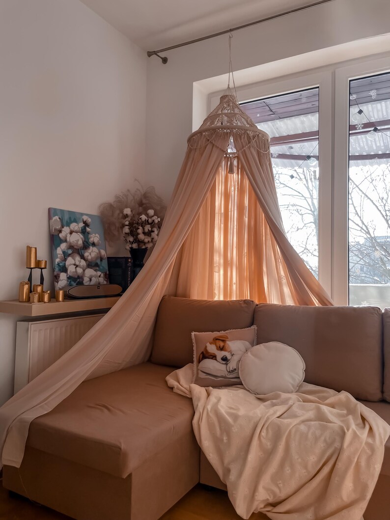 Canopy bed boho curtains. Girl nursery canopy. Macrame twin bed canopy moroccan decor. Crib canopy or house bed canopy image 12