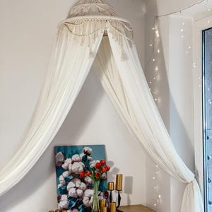 Canopy bed boho curtains. Girl nursery canopy. Macrame twin bed canopy moroccan decor. Crib canopy or house bed canopy image 9