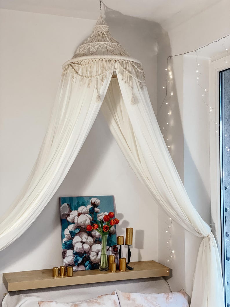 Canopy bed boho curtains. Girl nursery canopy. Macrame twin bed canopy moroccan decor. Crib canopy or house bed canopy image 9