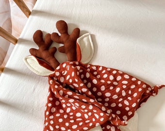 Muslin lovey blanket deer Stuffed animal newborn baby girl or boy Comforter cloth napkins new baby gift Welcome baby gift Reindeer name