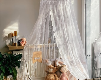 Canopy bed curtains Lace nursery canopy with beaded dome White jacquard tulle tent Princess crib canopy Boho baby room decor