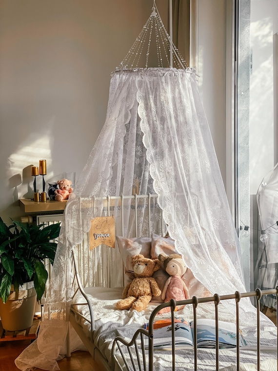 Canopy bed curtains Lace nursery canopy with beaded dome White jacquard tulle tent Princess crib canopy Boho baby room decor