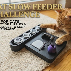 Puede incluir: Un juguete rompecabezas de alimentación lenta para gatos en plástico negro con inserciones circulares de huellas y espinas de pescado, compartimentos deslizantes y una bola morada. Texto: CAT SLOW FEEDER CHALLENGE. FUN FOR CATS! VARIETY OF PUZZLES.