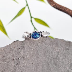Sterling silver ring, handmade, unique piece, opal chips, mushrooms, leaves, forest, nature