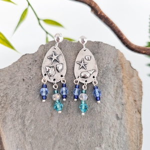 Shell earrings made of silver with blue glass beads, handmade in Switzerland, unique piece, art, jewelry, beach, vacation