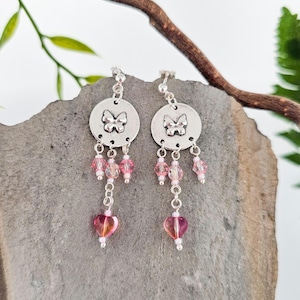 Butterfly earrings made of silver with glass beads, handmade in Switzerland, unique piece, art, jewelry, flower, blossom, plant, heart