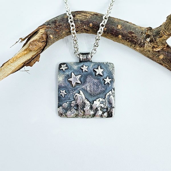 Mountain pendant with stars made of fine silver, handmade, unique, Alps, hiking, Switzerland, nature, silver, travel, wanderlust, jewelry