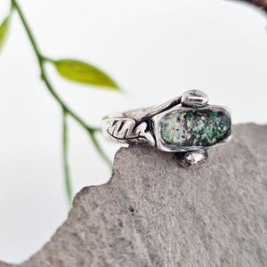 Sterling silver ring, handmade, unique piece, opal chips, mushrooms, leaves, forest, nature