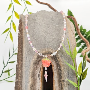 Necklace with glass beads, unique piece, handmade, beautiful, pendant, jewelry, eye-catching, colorful, natural, elves, fairies, fairytale
