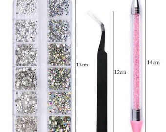 Crystal AB Rhinestones Dimante Flat Nail Art Gems Picker Wax Dotting Pen Tweezer UK Stock