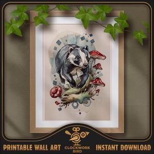 Animaux des bois - Blaireau. Peinture numérique de la nature à l'aquarelle - haute résolution, art mural imprimable détaillé, décoration d'intérieur