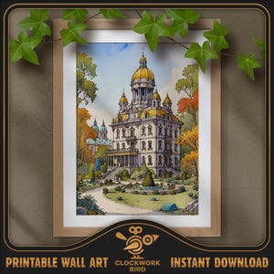 Palais baroque. Peinture numérique de paysages fantastiques à l'aquarelle - haute résolution, art mural imprimable détaillé, décoration d'intérieur
