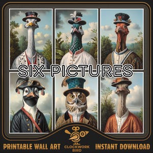 Lote de El taller del Sombrerero Loco: pájaros. 6 piezas, pinturas al óleo digitales de animales divertidos con sombreros. Arte de pared imprimible, decoración del hogar.