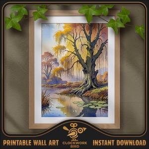Saule pleureur au bord de la rivière. Peinture numérique de paysage à l'aquarelle - haute résolution, art mural imprimable détaillé, décoration d'intérieur