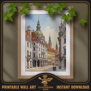 Paysage urbain baroque en Autriche. Peinture numérique de paysages fantastiques à l'aquarelle - haute résolution, art mural imprimable détaillé, décoration d'intérieur